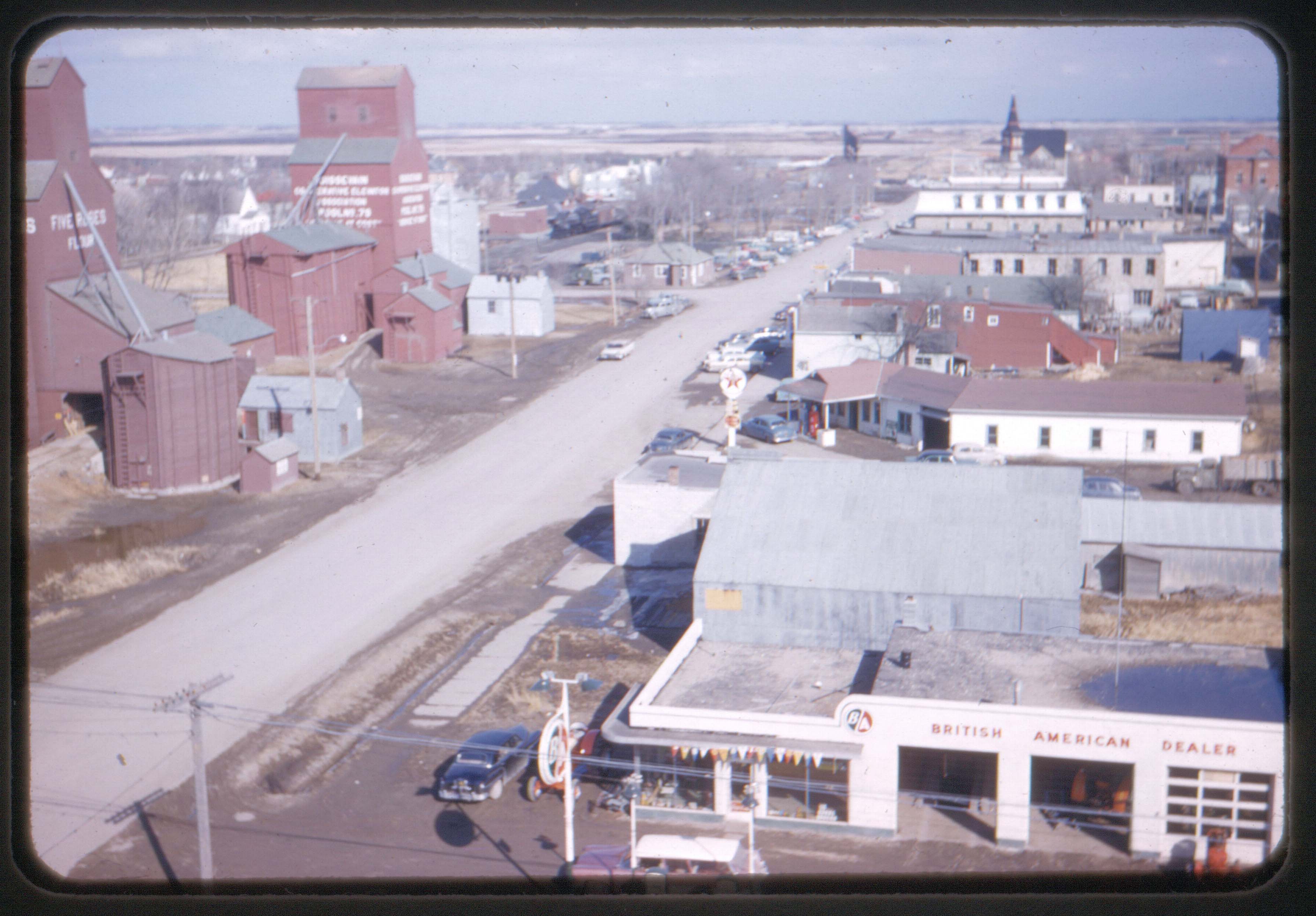 [Scanned photo of an elevated view of South Railway Street looking east from the intersection with Mill Road]